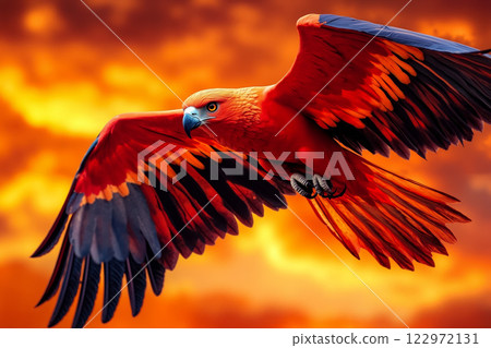 A red parrot flying through the air with its wings spread 122972131