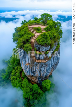 A small island in the middle of a forest surrounded by clouds A small island in the middle of a forest surrounded by clouds 122972146