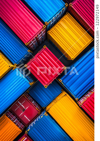 A bunch of colorful shipping containers stacked on top of each other 122972149
