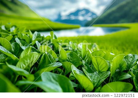 A field of green leaves with a lake in the background 122972151