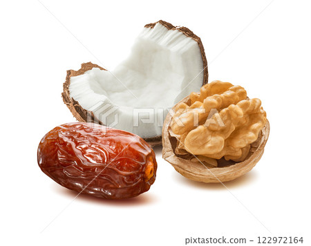 Date, coconut nut and walnut isolated on white background. With clipping path Date, coconut nut and walnut isolated on white background. With clipping path 122972164