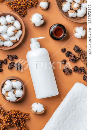 A bottle of liquid soap surrounded by cotton balls and other items 122972191