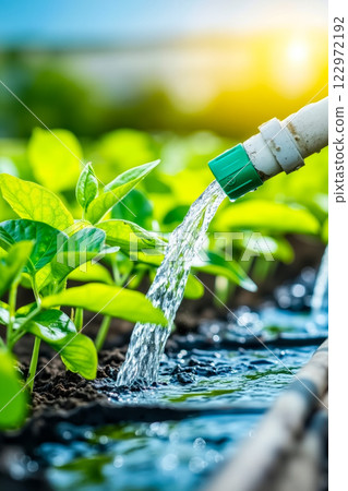 A sprinkler is pouring water into a small plant A sprinkler is pouring water into a small plant 122972192