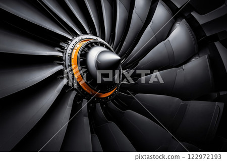 A close up of a jet engine in a black and orange background A close up of a jet engine in a black and orange background 122972193
