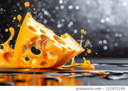 A piece of cheese with a splash of orange juice on it 122972289