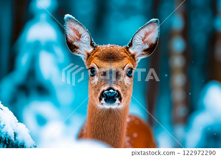 A deer standing in the snow in the woods 122972290