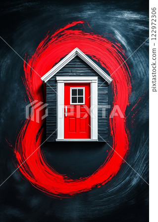 A small house with a red door in the middle of a blackboard 122972306