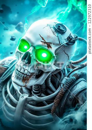 A skeleton with green eyes and a helmet on 122972310