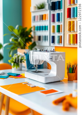 A sewing machine sitting on top of a white table 122972356
