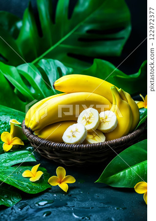 A basket full of bananas sitting on top of a table 122972377