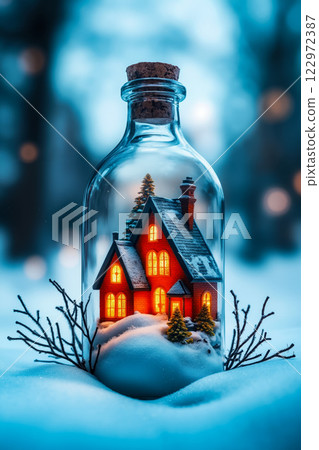 A small house in a glass bottle with a christmas tree inside 122972387