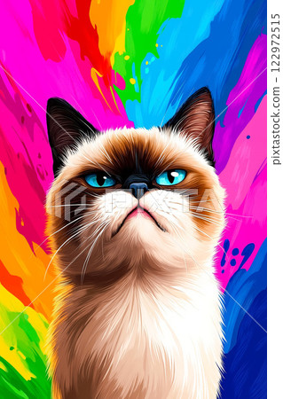 A grumpy cat with blue eyes on a colorful background A grumpy cat with blue eyes on a colorful background 122972515