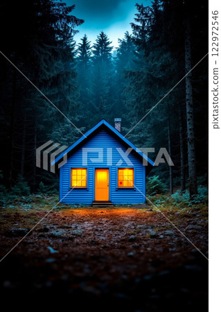 A small blue house in the middle of a forest at night A small blue house in the middle of a forest at night 122972546
