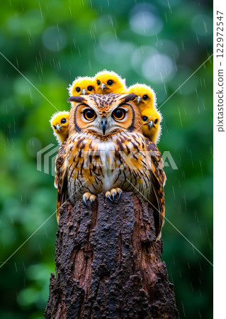 A group of owls sitting on top of a tree stump in the rain 122972547