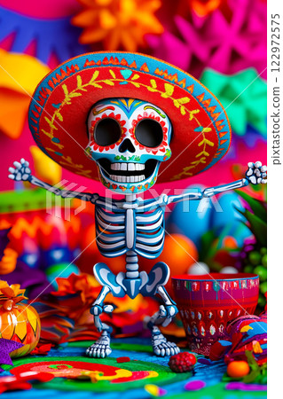 A skeleton in a sombrero dancing in front of a colorful background 122972575