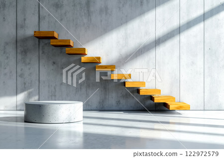 A concrete and wood staircase in a room with a concrete wall 122972579