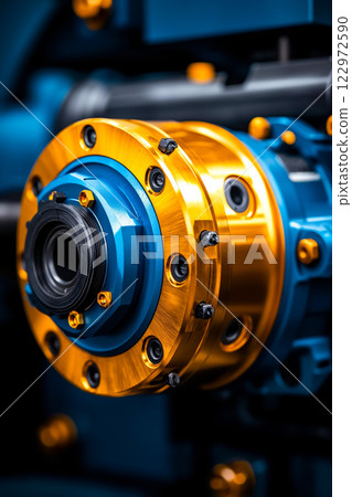 A close up of a blue and gold gearbox on a machine 122972590