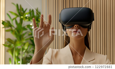 Businesswoman wearing virtual reality headset interacts with digital environment 122972881