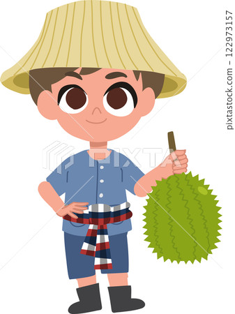 Cute cartoon thai farmer with durian tropical fruit Cute cartoon thai farmer with durian tropical fruit 122973157