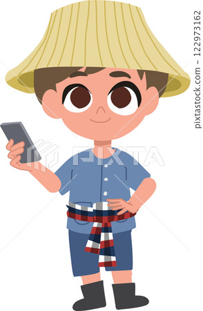 cute male farmer cartoon with smartphone 122973162