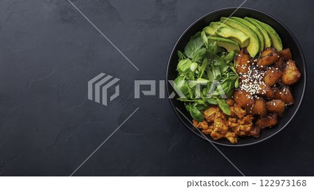 Colorful Top View of Fresh Seafood Poke Bowl with Healthy Ingredients Colorful Top View of Fresh Seafood Poke Bowl with Healthy Ingredients 122973168