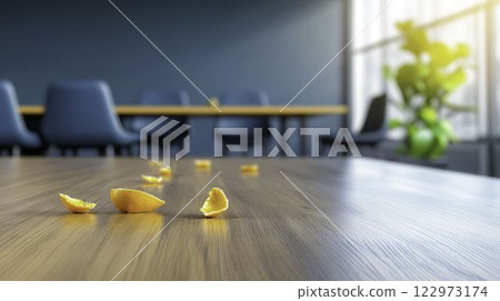 Unkempt Breakroom Table with Food Scraps and Bright Natural Light 122973174