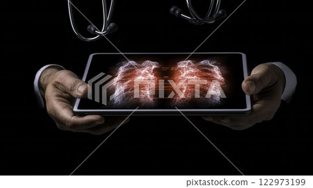 Doctor with Digital Tablet Displaying Futuristic Medical Visualization 122973199