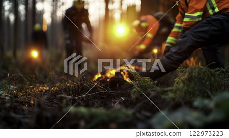 Emergency Rescue Team in Action Helping Person During Fire Incident 122973223
