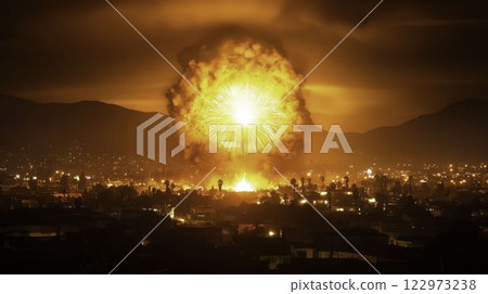 Spectacular Fireworks Exploding in the Night Sky over a Cityscape 122973238