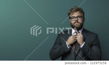 Man Adjusting His Tie While Wearing a Tailored Suit Man Adjusting His Tie While Wearing a Tailored Suit 122973258