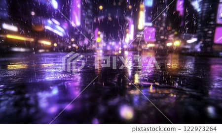 Vibrant Neon Reflections in a Cyberpunk City Street at Night 122973264