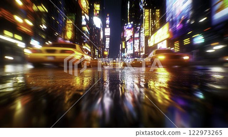 Neon-lit Cyberpunk City Street with Reflections in Rainy Night Neon-lit Cyberpunk City Street with Reflections in Rainy Night 122973265