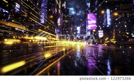 Neon Lit Cyberpunk City Street with Reflections in Low Resolution Neon Lit Cyberpunk City Street with Reflections in Low Resolution 122973266