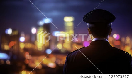 Proud Police Officer in Uniform Overlooking City Night Lights Proud Police Officer in Uniform Overlooking City Night Lights 122973267