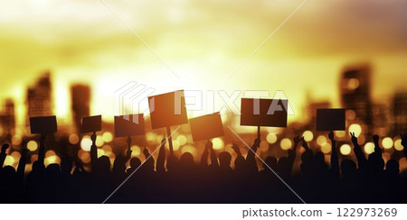 Protest Crowd with Signs and Banners at Sunset, Demanding Change Protest Crowd with Signs and Banners at Sunset, Demanding Change 122973269
