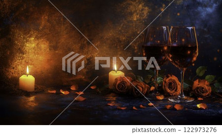Romantic Candlelight Dinner Setup with Wine Glasses and Roses Romantic Candlelight Dinner Setup with Wine Glasses and Roses 122973276