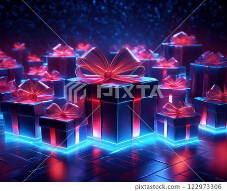 Neon Gift Boxes, Glowing Presents, Blue & Red Gifts, Modern Holiday Presents, Futuristic Gift Set, Luminous Gifts, Cyberpunk Presents, Festive Gift Collection, Electric Holiday, Digital Celebration 122973306