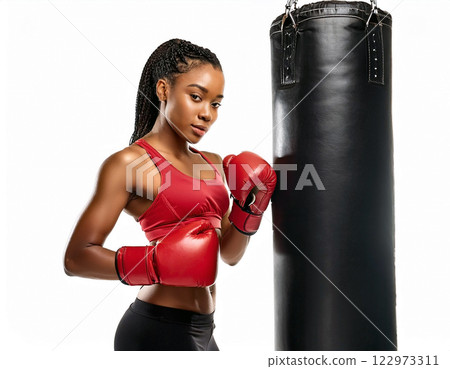 Strong Woman Boxing, Female Boxer Image, Fitness and Strength, Red Boxing Gloves, Determined Athlete, Boxing Training Photo, Powerful Woman Boxer, Woman Fighter, Sporty Fitness Model 122973311
