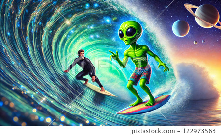 與外星人一起衝浪，共享海浪。 122973563