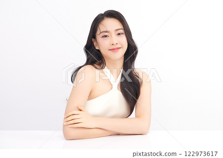Beautiful young asian woman with clean fresh skin on white background, Face care, Facial treatment, Cosmetology, beauty and spa, Asian women portrait. 122973617