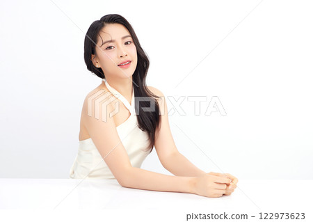 Beautiful young asian woman with clean fresh skin on white background, Face care, Facial treatment, Cosmetology, beauty and spa, Asian women portrait. 122973623