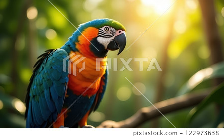 Colorful macaw perched elegantly on a branch in a lush tropical jungle during golden hour 122973638