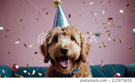 Happy dog celebrating a birthday with a party hat and colorful confetti in a joyful indoor setting 122973658