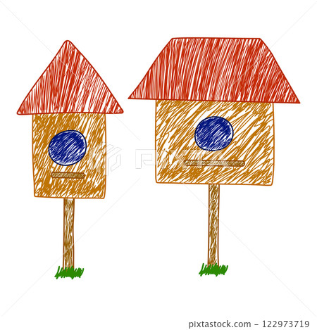Hand-Drawn Birdhouses with Red Roofs in Sketch Style 122973719