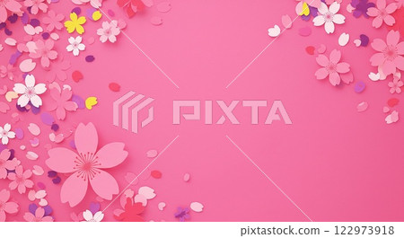 充滿活力的粉紅色背景，有五顏六色的櫻花花和花瓣 122973918