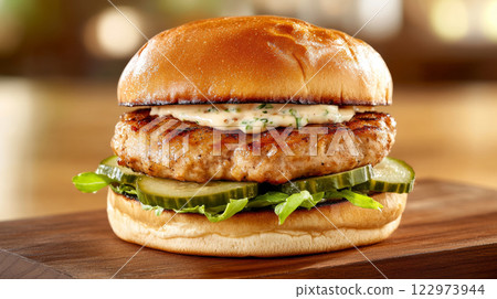 Delicious chicken burger featuring tangy pickles and creamy aioli on a fresh brioche bun, served elegantly 122973944