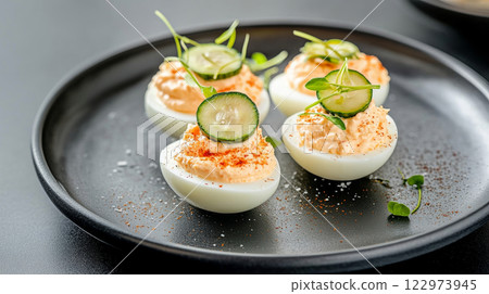 Creamy deviled eggs topped with pickled cucumbers and paprika served on a sleek black plate 122973945