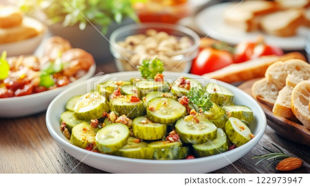 Delicious pickled cucumbers on a decorative plate complementing various appetizers in a tasteful setting 122973947