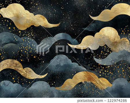 Rinpa 風格的波浪和雲彩背景, Rinpa 風格的波浪和雲彩背景, 122974286