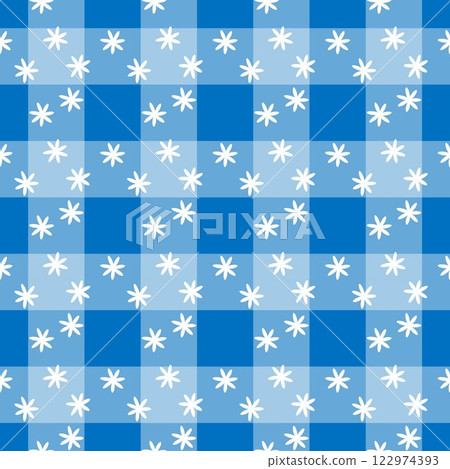 Gingham check with small flower pattern_Blue Gingham check with small flower pattern_Blue 122974393